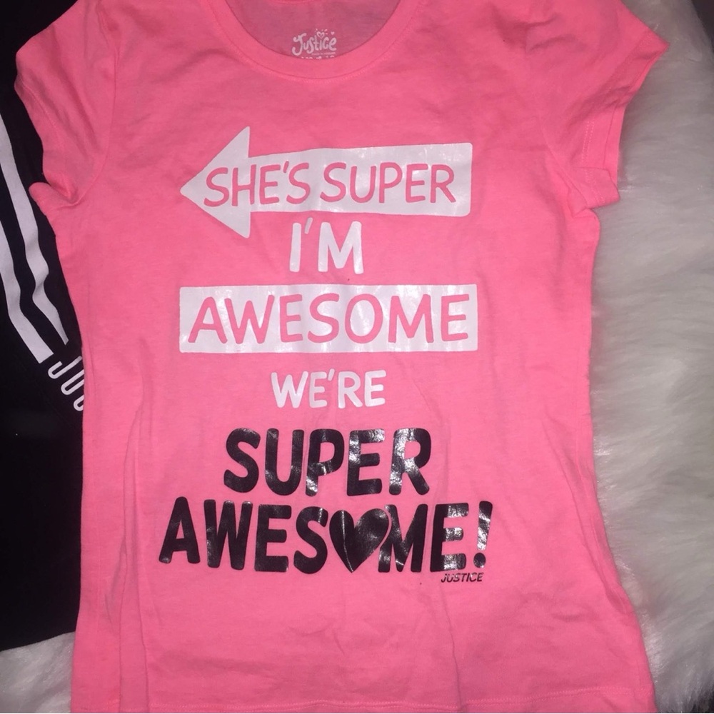 Girls Justice outfit, Pink short sleeve Top (12) and Black Justice Pants (14)